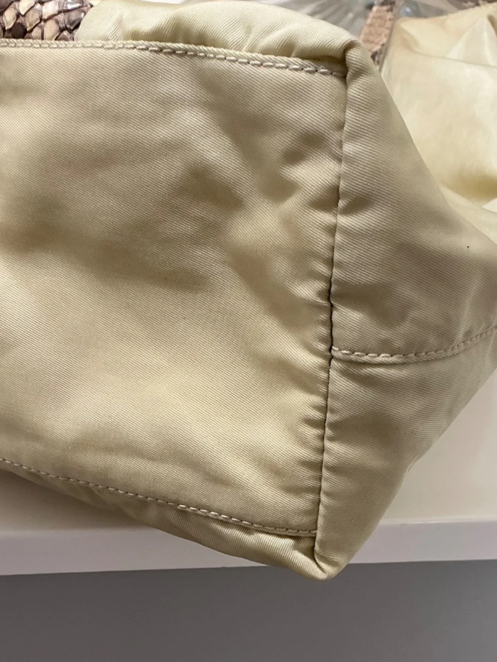 Prada beige nylon shoulder bag with genuine python accents